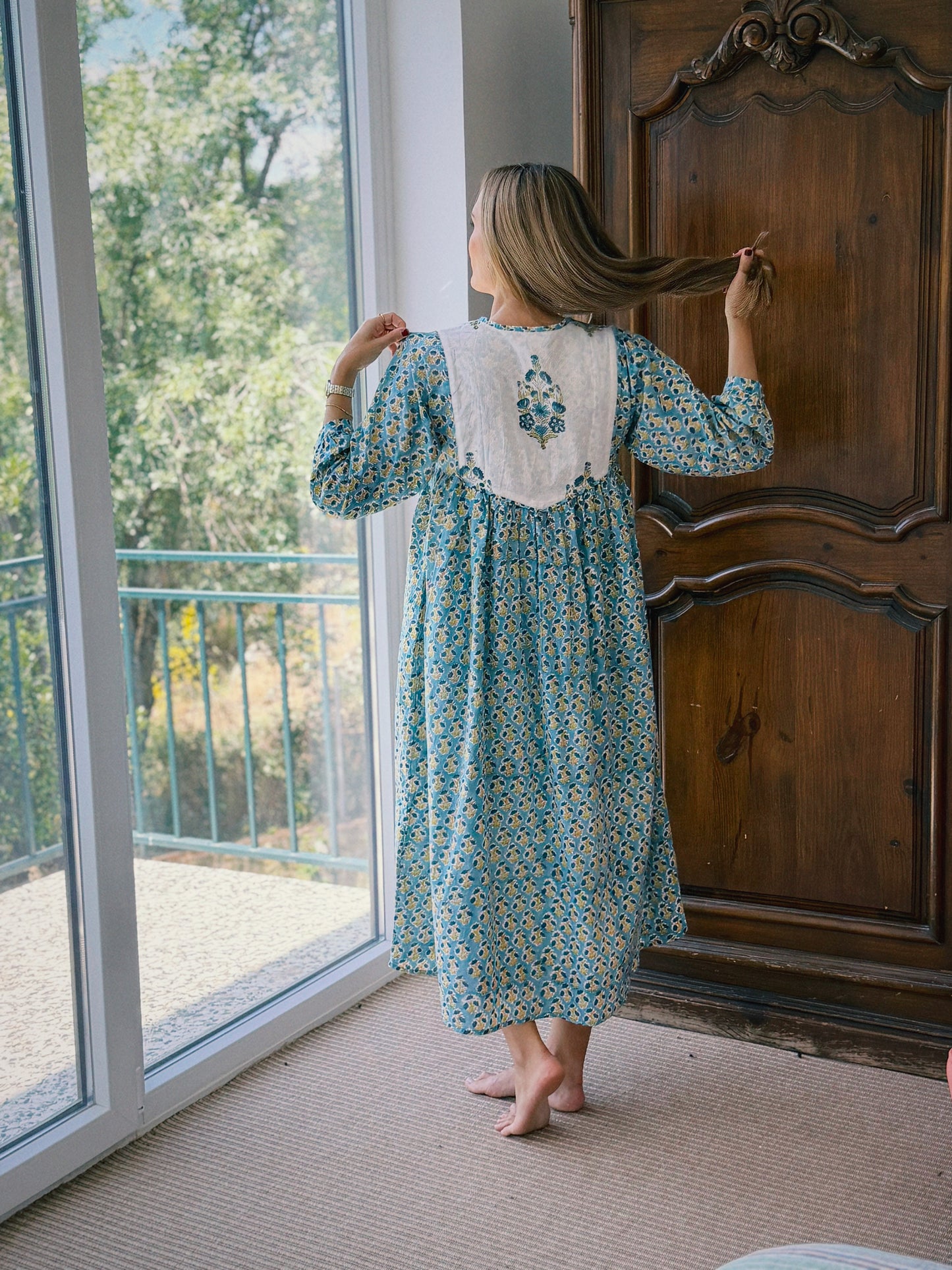 VESTIDO FLORAL BLOCK PRINT TURQUESA PISTACHO