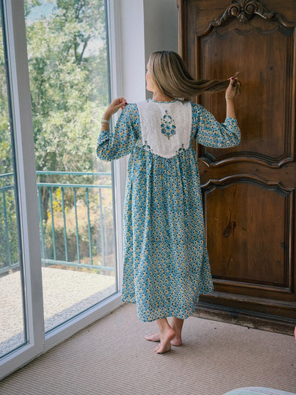 VESTIDO FLORAL BLOCK PRINT TURQUESA PISTACHO