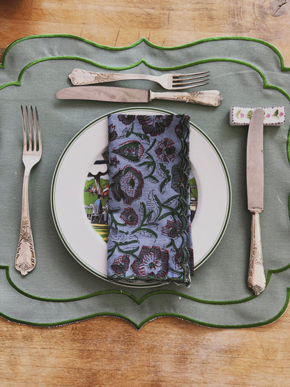 SET OF 2 COTTON BLOCK PRINT NAPKINS WITH WHITE BLUE GREEN WAVE SCALLOP