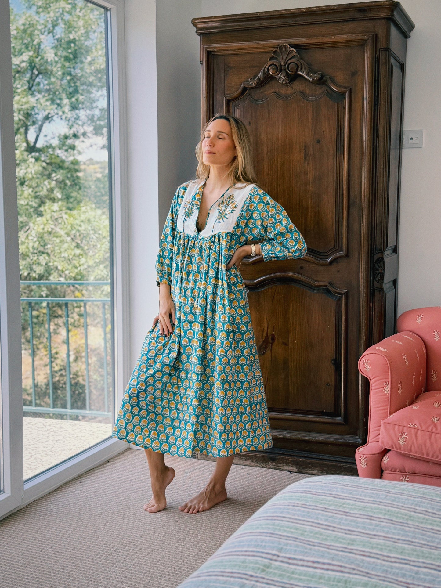 VESTIDO FLORAL BLOCK PRINT TURQUESA AMARILLO