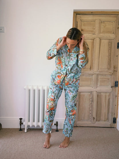 PIJAMA MANGA LARGA BLOCK PRINT FLORAL TURQUESA NARANJA