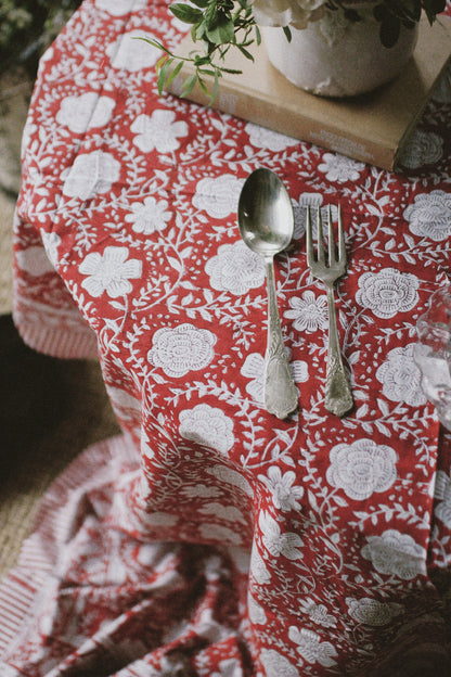 RED BLOCK PRINT FLORAL TABLECLOTH