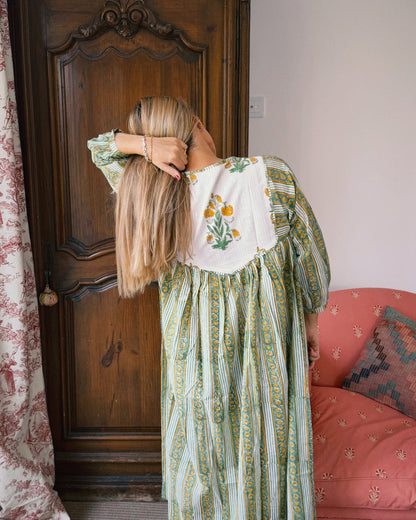 VESTIDO FLORAL BLOCK PRINT VERDE AMARILLO
