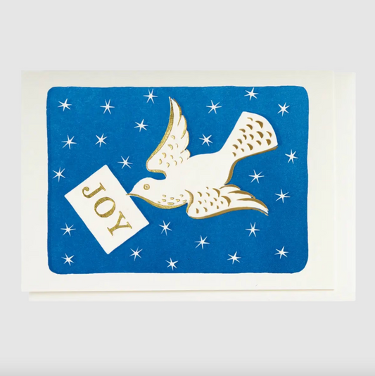 TARJETA DE NAVIDAD CON PALOMA BLANCA Y ESTRELLAS EN FOIL DORADO