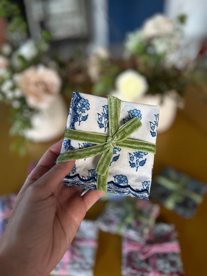 SET OF 2 COTTON BLOCK PRINT NAPKINS WITH BLUE WHITE WAVE SCALLOP