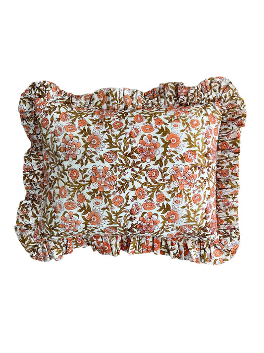 CORAL BRONZE FLORAL BLOCK PRINT RUFFLE CUSHION