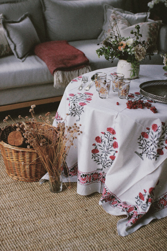 FLORAL TABLECLOTH BLOCK PRINT WHITE PINK