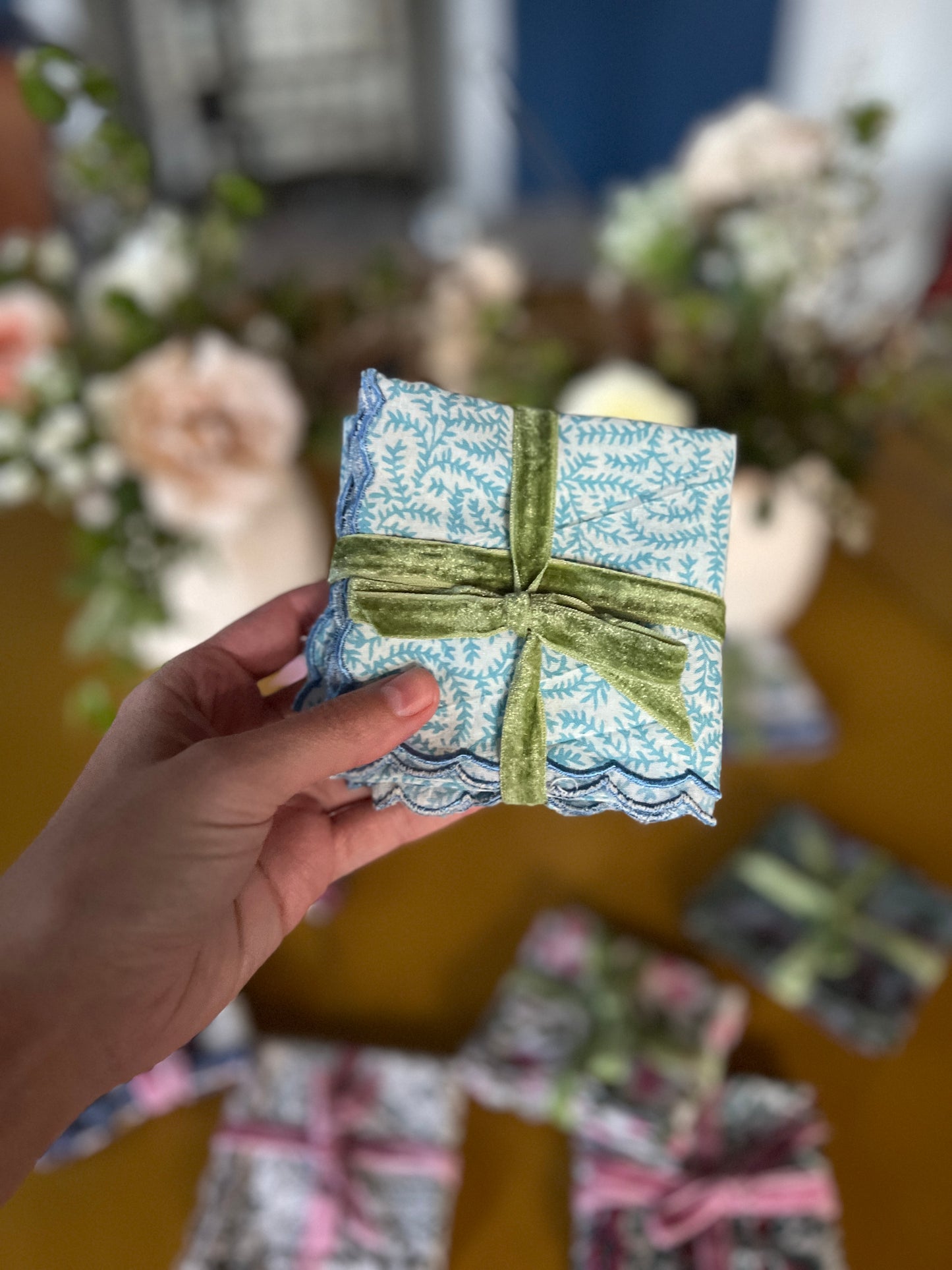 SET OF 2 COTTON BLOCK PRINT NAPKINS WITH LIGHT BLUE WHITE WAVE SCALLOP