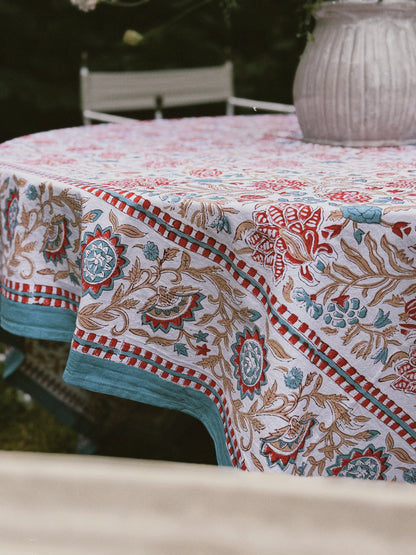 MANTEL FLORAL BLOCK PRINT AZUL ROJO