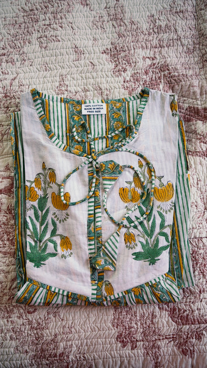 VESTIDO FLORAL BLOCK PRINT VERDE AMARILLO