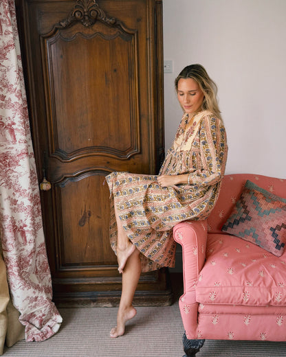 VESTIDO FLORAL BLOCK PRINT AZUL ROJO BEIGE
