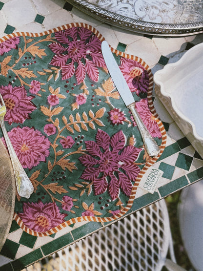 SET 2 MANTELES INDIVIDUALES ACOLCHADOS FLORAL COLOR MARRÓN TURQUESA