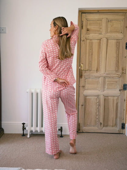 PIJAMA MANGA LARGA BLOCK PRINT ROSA BLANCO