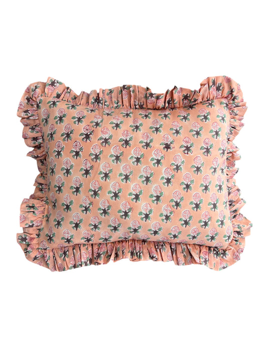 PINK GREEN FLORAL BLOCK PRINT RUFFLE CUSHION