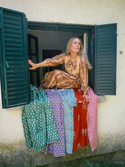 VESTIDO FLORAL BLOCK PRINT ROJO BEIGE