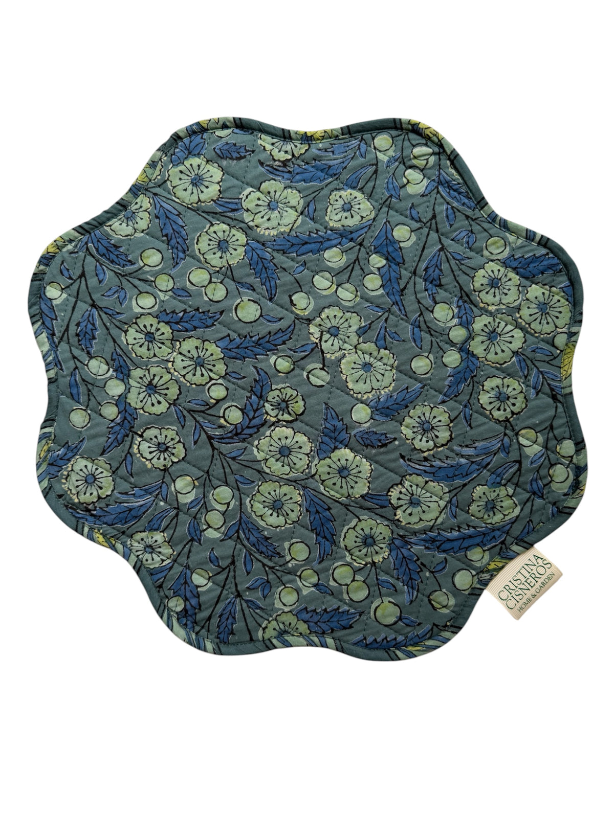 SET 2 MANTELES INDIVIDUALES ACOLCHADOS FLORAL COLOR AZUL VERDE