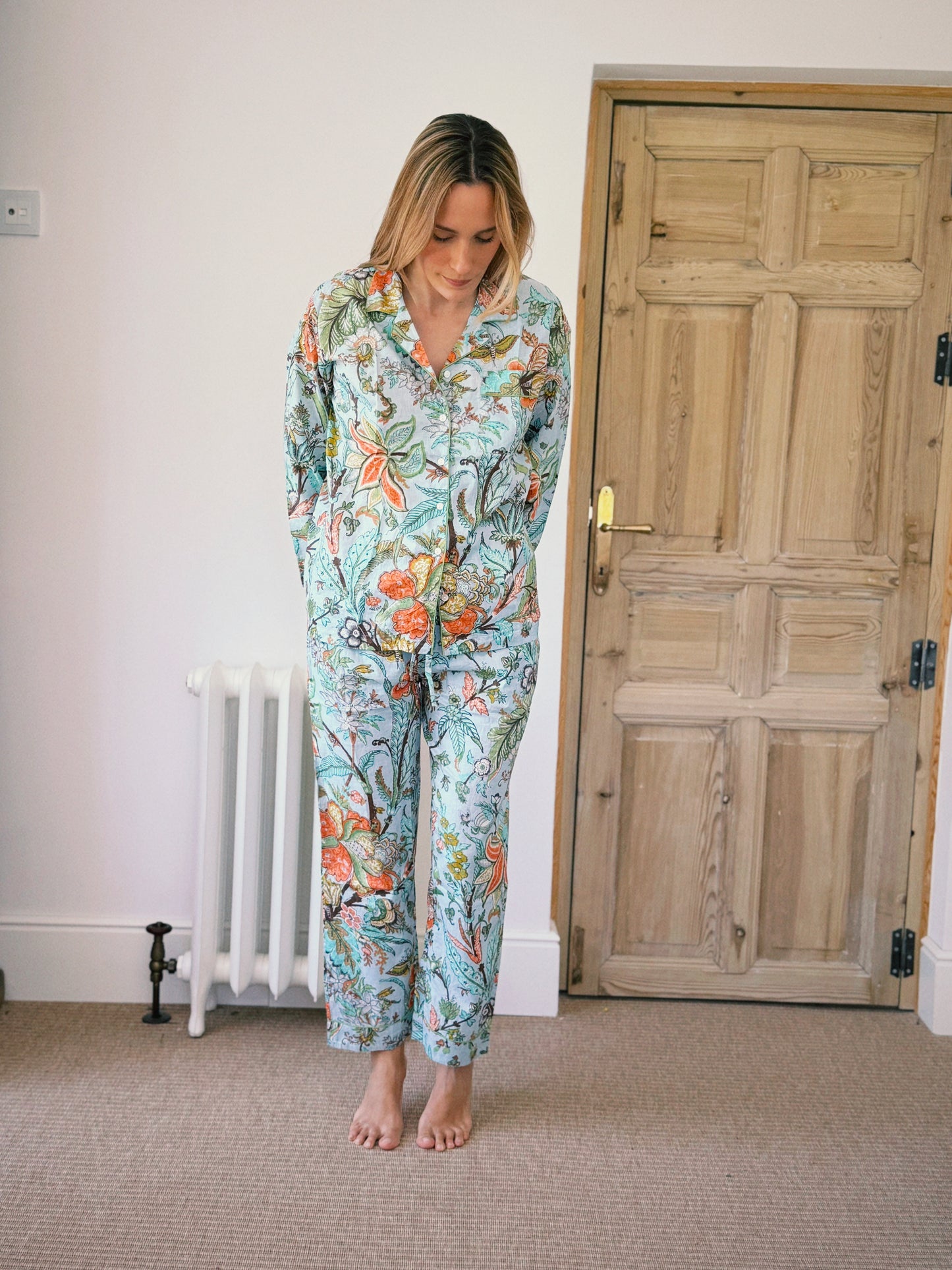 PIJAMA MANGA LARGA BLOCK PRINT FLORAL TURQUESA NARANJA