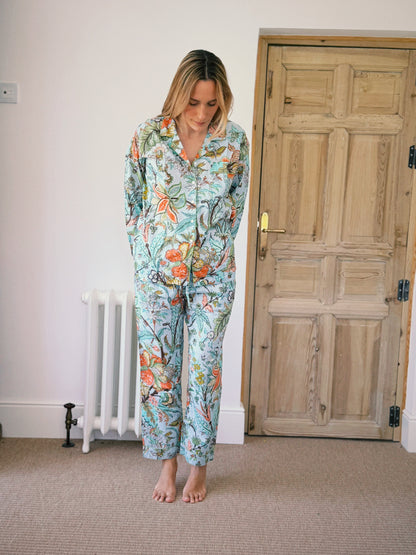 PIJAMA MANGA LARGA BLOCK PRINT FLORAL TURQUESA NARANJA