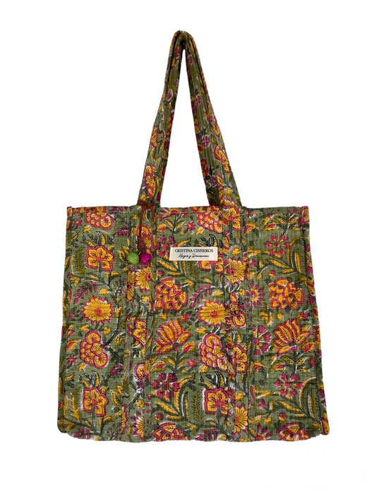 GREEN FLORAL BLOCK PRINT BAG