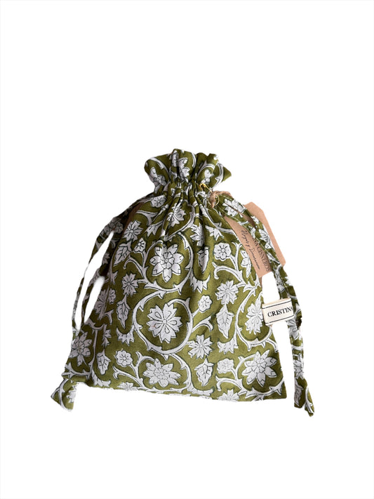 SMALL BLOCK PRINT FLORAL GREEN BAG