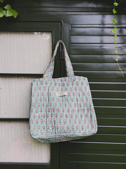 BOLSO BLOCK PRINT FLORAL AZUL TURQUESA ROSA