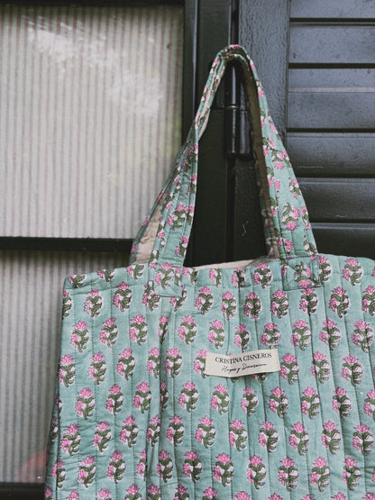 BOLSO BLOCK PRINT FLORAL AZUL TURQUESA ROSA