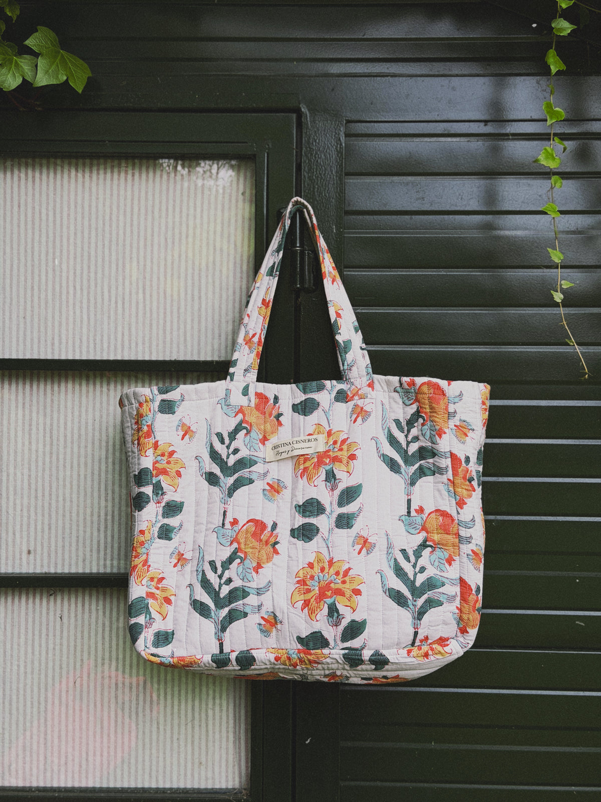 BOLSO BLOCK PRINT FLORAL VERDE NARANJA