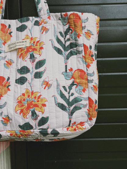 BOLSO BLOCK PRINT FLORAL VERDE NARANJA