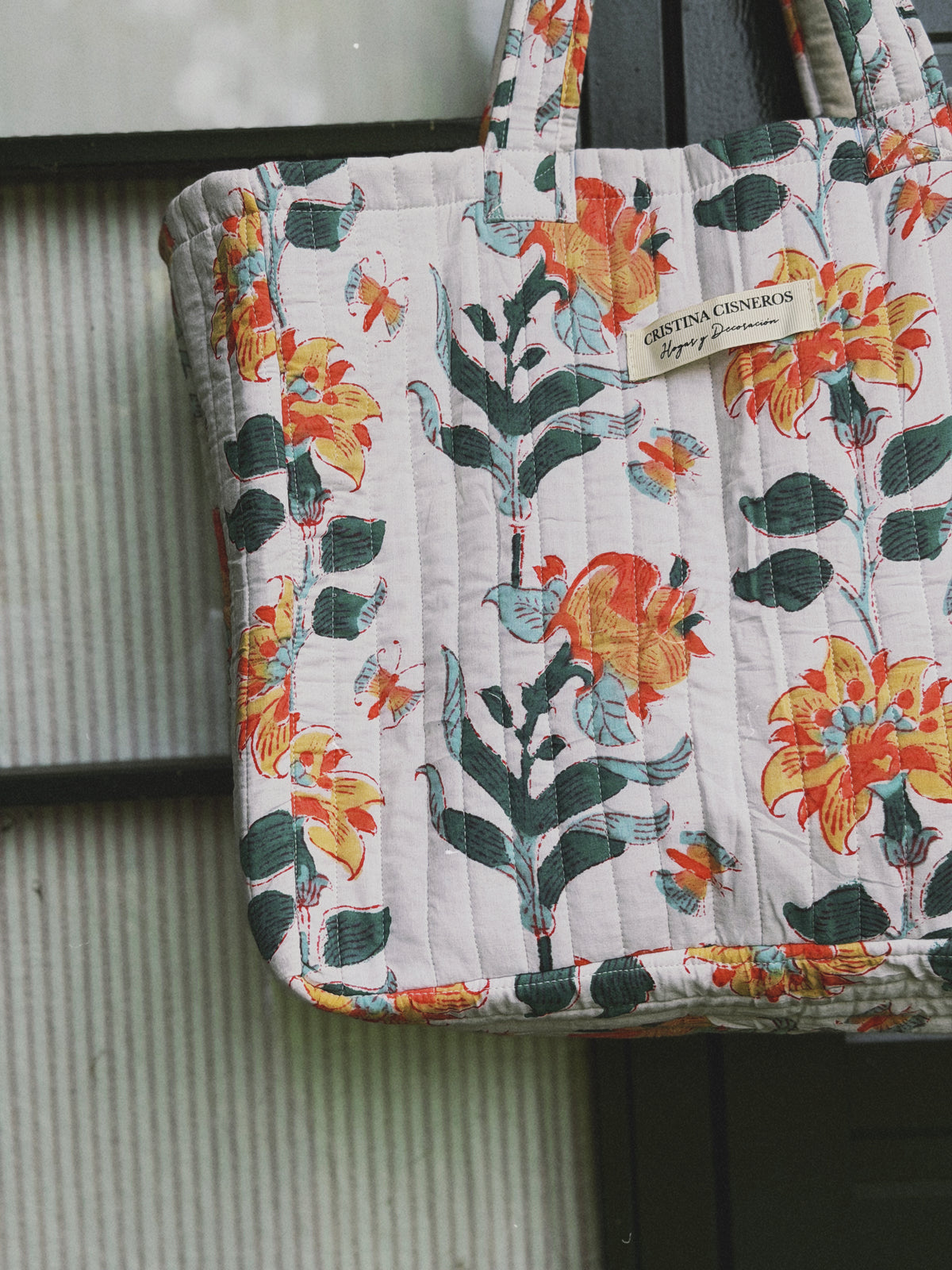 BOLSO BLOCK PRINT FLORAL VERDE NARANJA