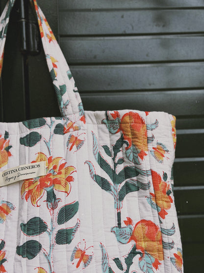 BOLSO BLOCK PRINT FLORAL VERDE NARANJA