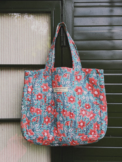 BOLSO BLOCK PRINT FLORAL TURQUESA CORAL
