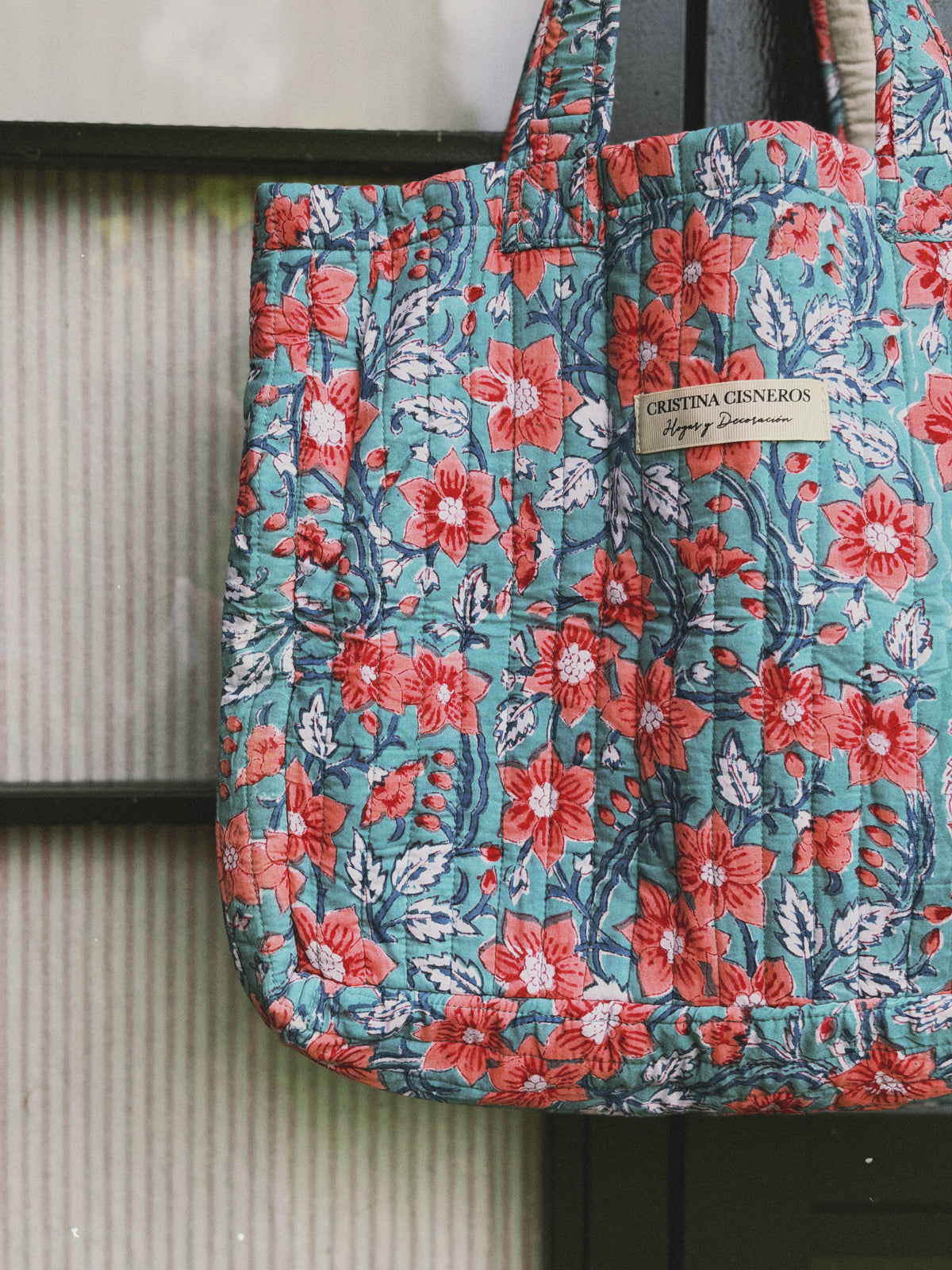 BOLSO BLOCK PRINT FLORAL TURQUESA CORAL