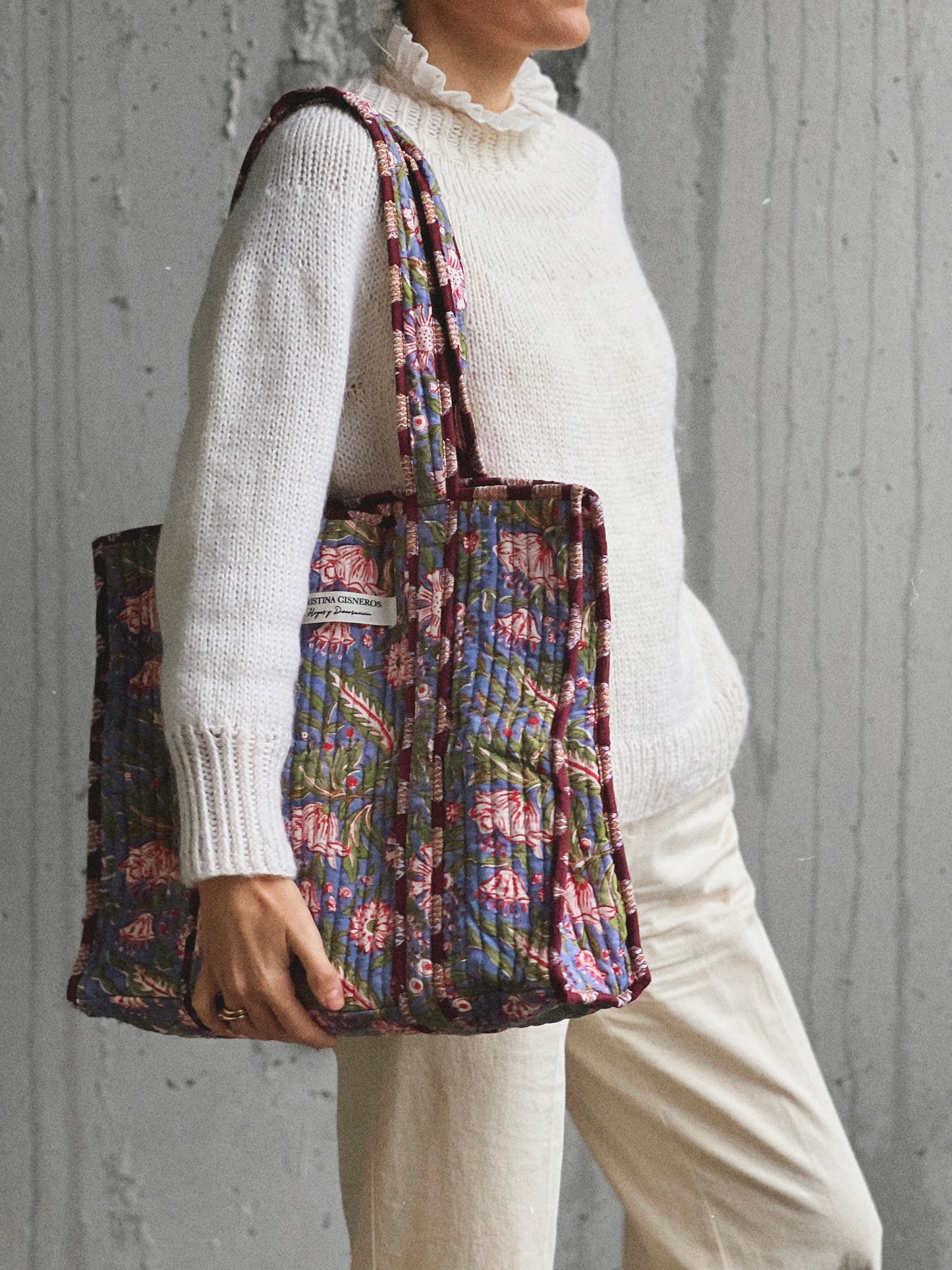 BOLSO BLOCK PRINT FLORAL GRIS ROJO