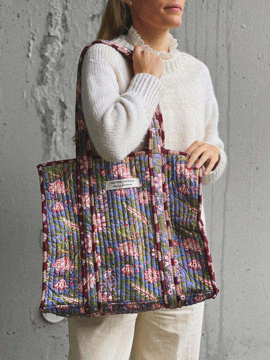 RED GREY FLORAL BLOCK PRINT BAG