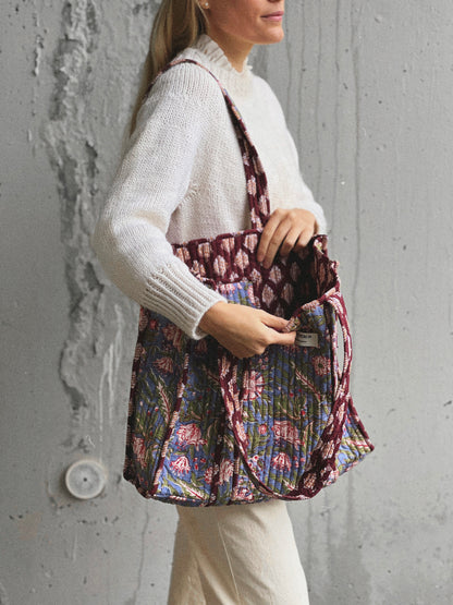 BOLSO BLOCK PRINT FLORAL GRIS ROJO