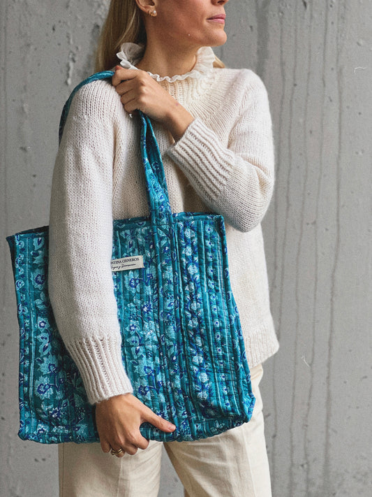 Aqua Blue Floral Print Block Bag