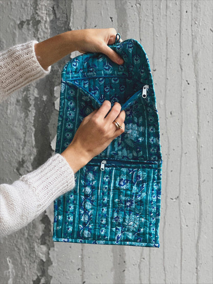 BOLSO BLOCK PRINT FLORAL AZUL AGUA