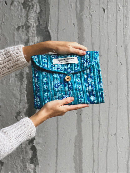 BOLSO BLOCK PRINT FLORAL AZUL AGUA
