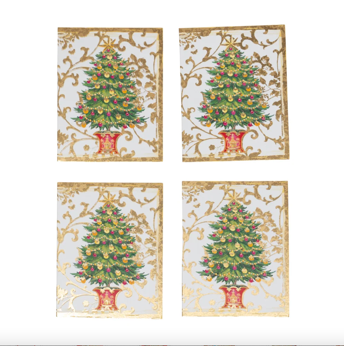 TARJETAS DE REGALO NAVIDEÑAS CON ÁRBOL DORADO – PACK DE 4