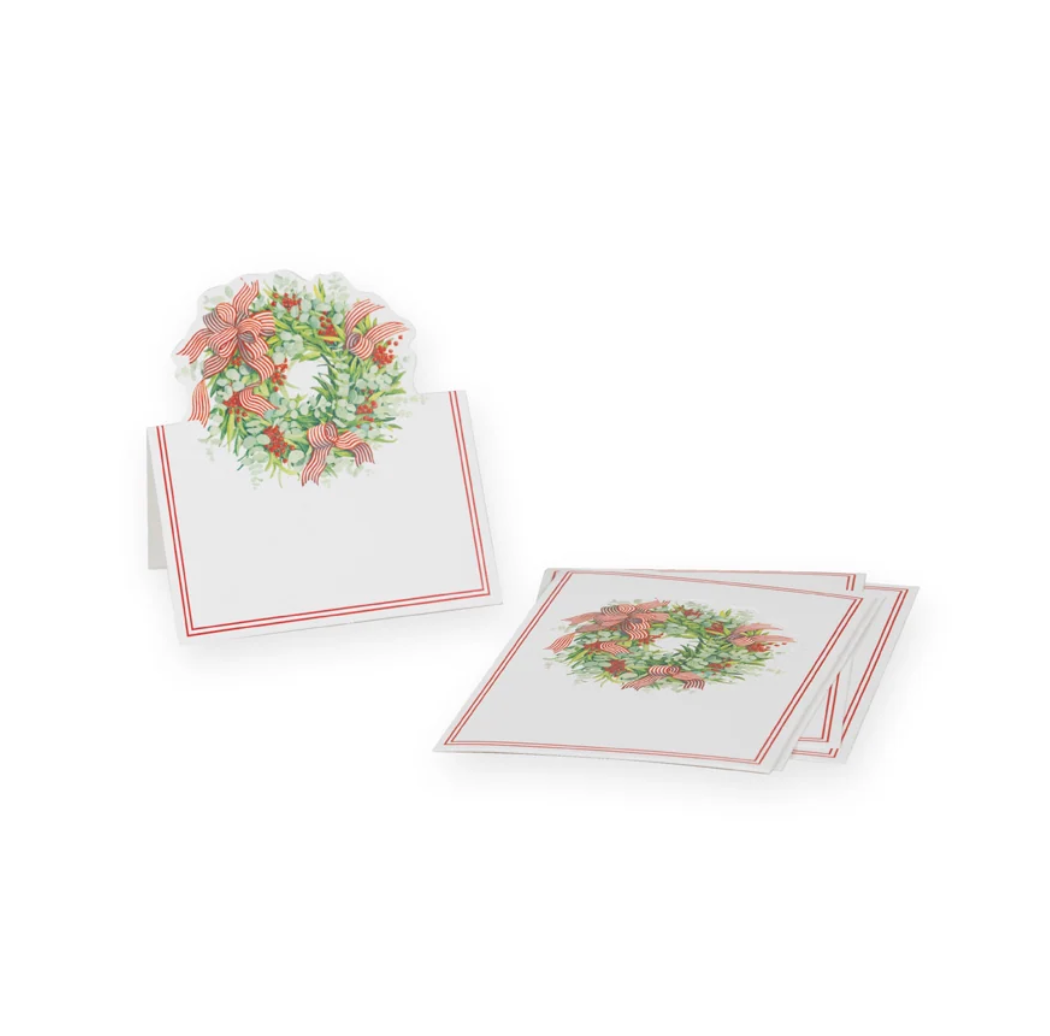 TARJETAS MARCA SITIO NAVIDEÑAS CON CORONA Y LAZO A RAYAS – PACK DE 8