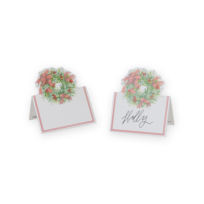TARJETAS MARCA SITIO NAVIDEÑAS CON CORONA Y LAZO A RAYAS – PACK DE 8