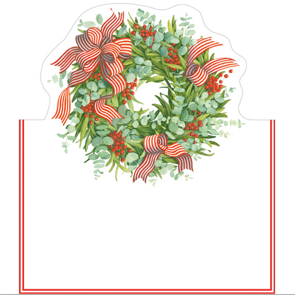 TARJETAS MARCA SITIO NAVIDEÑAS CON CORONA Y LAZO A RAYAS – PACK DE 8