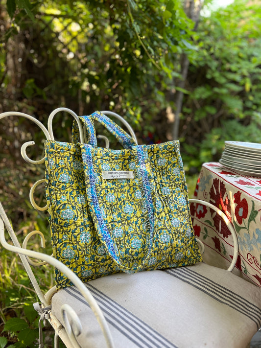 YELLOW FLORAL BLOCK PRINT BAG