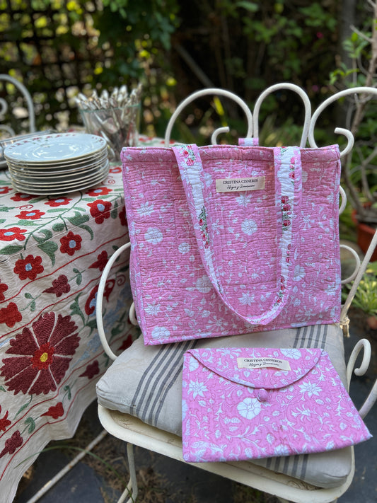 PINK FLORAL BLOCK PRINT BAG