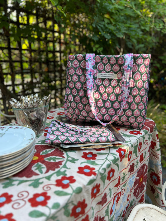 GREEN FLORAL BLOCK PRINT BAG
