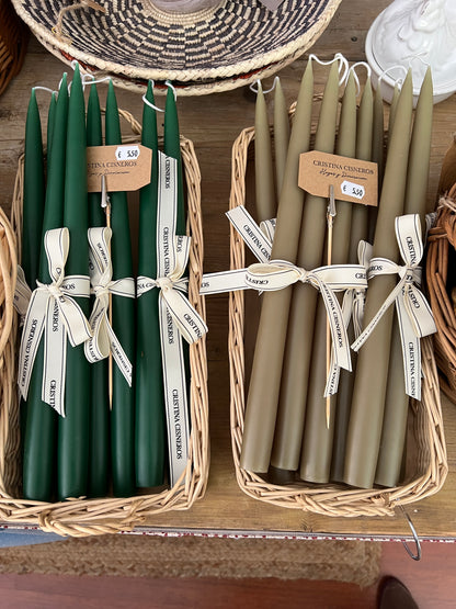 SET OF 2 TALL CONICAL DARK GREEN BOTTLE CANDLES
