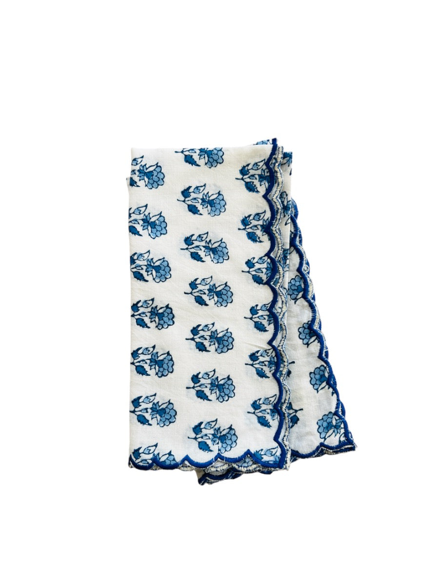 SET OF 2 COTTON BLOCK PRINT NAPKINS WITH BLUE WHITE WAVE SCALLOP