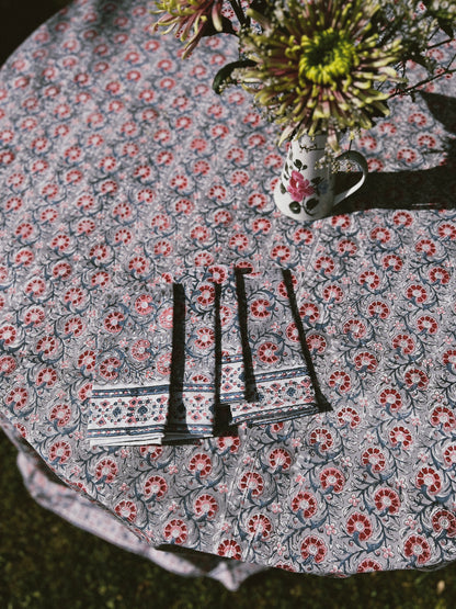 BLOCK PRINT BLUE RED TABLECLOTH AND NAPKINS SET
